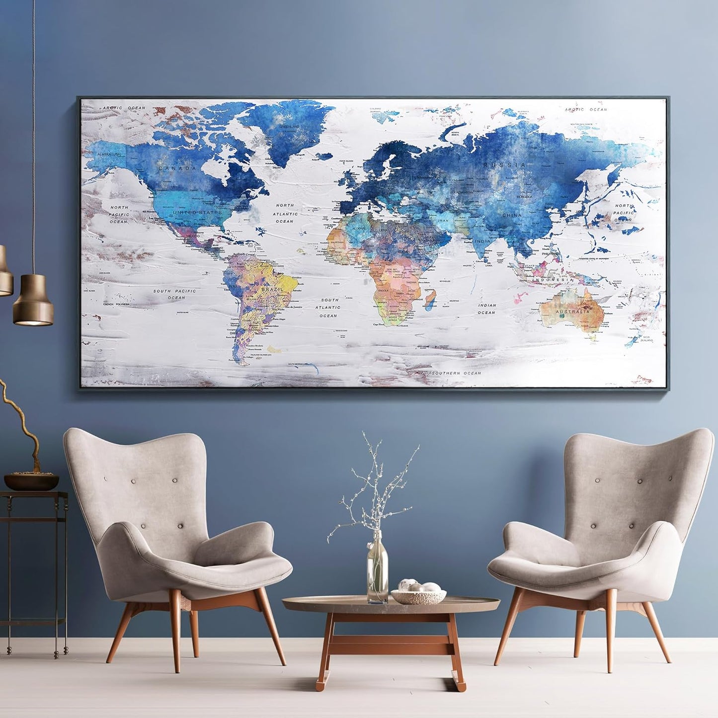 Pogusmavi-World Map Wall Art-Modern Art Wall Decor-Framed Artwork For Walls-Canvas Paintings For Office-Large Pictures For Living Room 30x60 Black Framed