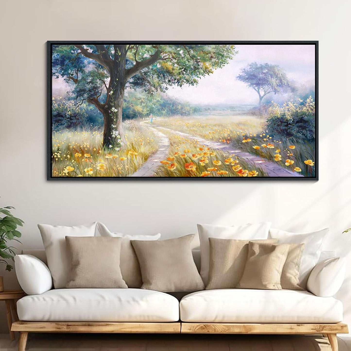 CHATYOUNG Canvas Wall Art Framed, Rustic Trails Orange flowers Landscape Wall Pictures Farmhouse Large Gallery Paintings 24"X48" for Living Room Bedroom Bathroom Birthday Gift Home Decor