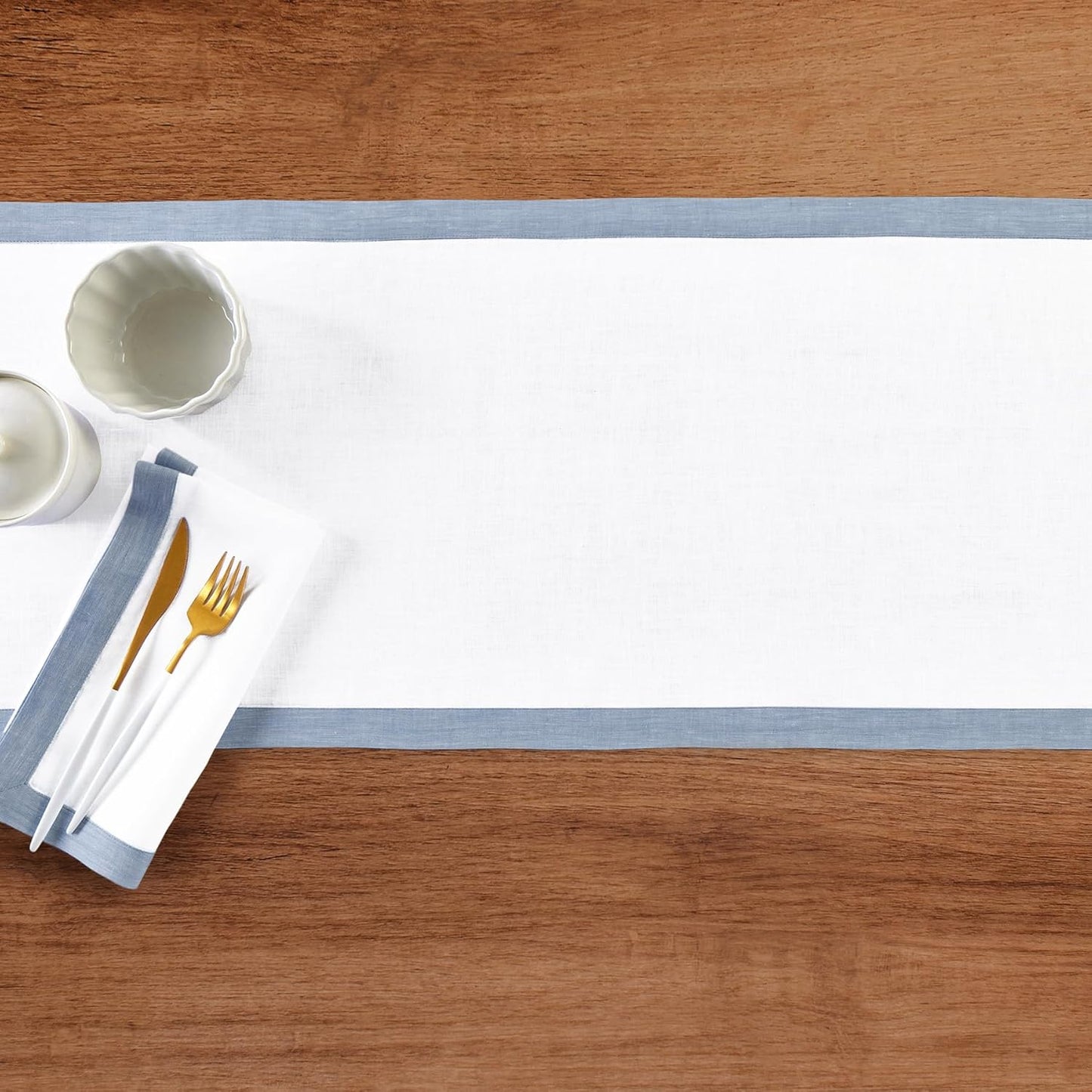 Solino Home Linen Table Runner 60 Inches - 100% Pure Linen Chambray Blue and White Small Table Runner 14 x 60 Inch Ideal for Dresser and Coffee Tables - Classic