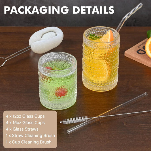 Vintage Hobnail Drinking Glasses Set of 8,Clear 12 oz & 15oz Highball Glass Cups, Kitchen Drinkware Glassware,Embossed Water Tumbler,for Beer,Cocktail,Whiskey,Juice and Various Mixed Drinks