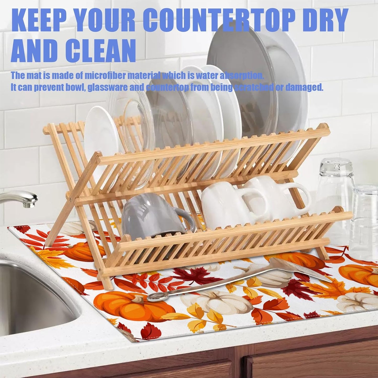 Fall Pumpkin Maple Dish Drying Mat for Kitchen Counter Thanksgiving Drying Pad Absorbent Reversible Dish Drainer Rack Mats Draining Pad 18"x24"Inch