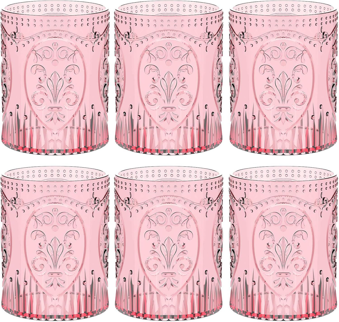 6 Plastic Vintage Drinking Glasses 8.5oz Stemless Retro Embossed Wine Glasses Shatterproof Reusable Cups for Baby Shower Wedding Reception Grand Event Party (Pink)