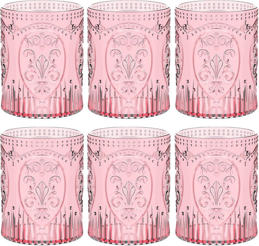 6 Plastic Vintage Drinking Glasses 8.5oz Stemless Retro Embossed Wine Glasses Shatterproof Reusable Cups for Baby Shower Wedding Reception Grand Event Party (Pink)