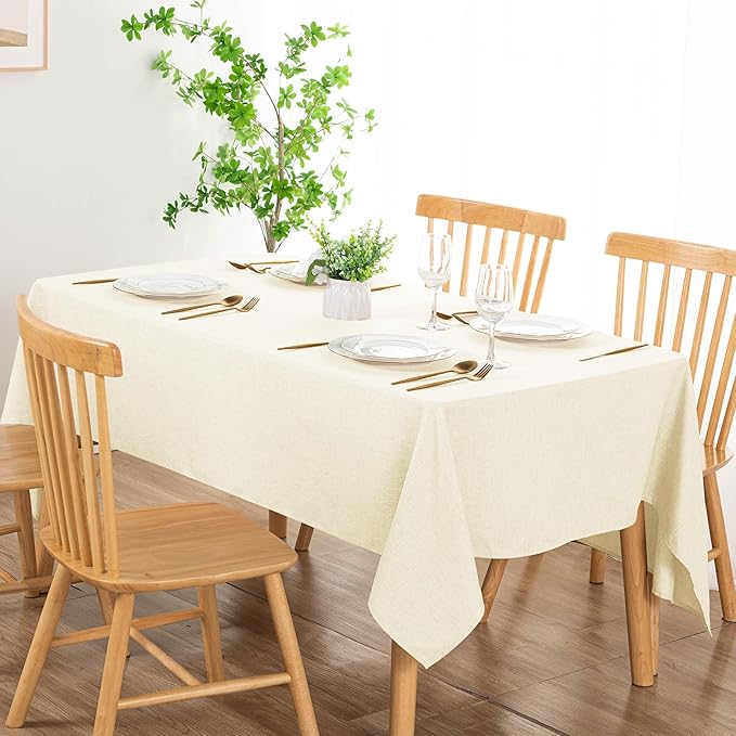 DWCN Rectangle Faux Linen Tablecloth - Textured Waterproof Spill-Proof Wrinkle and Stain Resistant Table Cloth Decorative Fabric Farmhouse Table Cover for Kitchen Dining, 60 x 120 Inch, Champagne