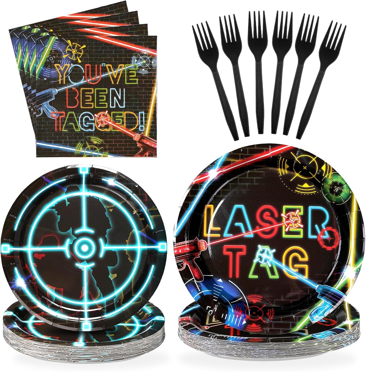 96 Pcs Laser Tag Party Supplies Disposable Glow Neon Plates Napkins Forks Tableware Set Laser Tag Party Favors for Kids Boys Girls Neon Glow Shooting Game Laser Tag Birthday Decorations Serves 24