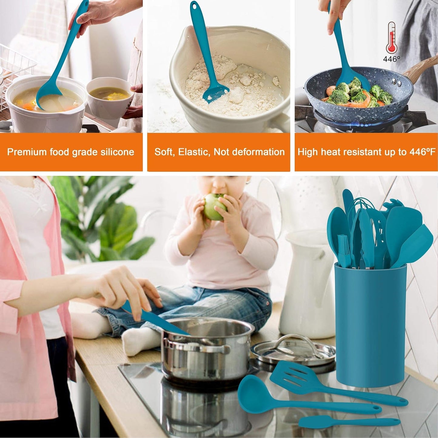 LIANYU 14 Pcs Cooking Utensils Set with Holder, Heat Resistant Silicone Kitchen Cookware Utensils Set, Kitchen Cooking Tools Includes Spatula Spoon Turner Whisk Tong, Dishwasher safe, Dark Blue