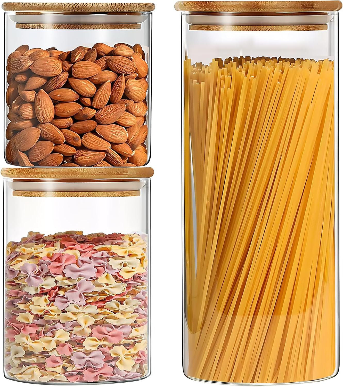 Glass Food Storage Jars Set of 3 with Bamboo Lid Airtight Glass Storage Canister, Cylindrical Kitchen Clear Food Storage Container Jar, for Pasta, Coffee, Cookies, Nuts, Cereal, Oats, Flour