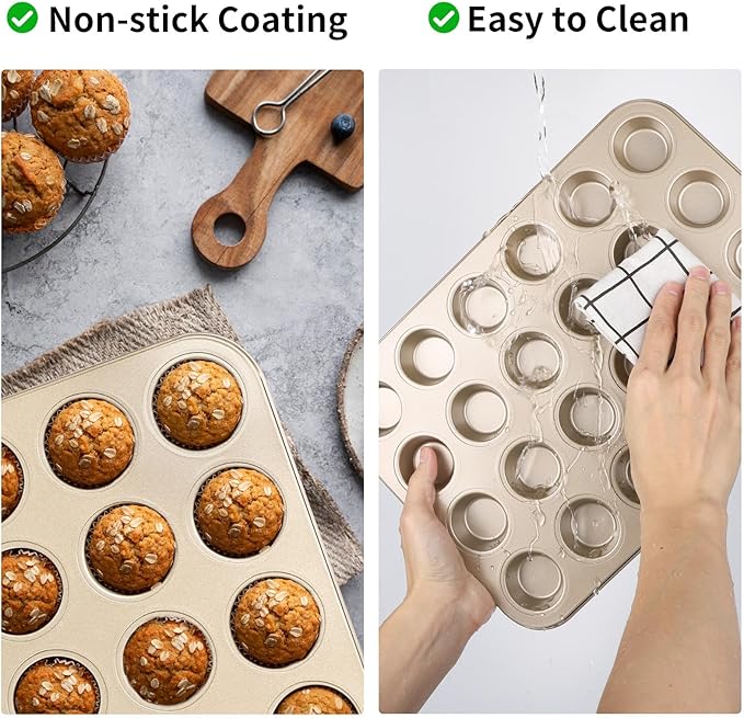 Beasea Mini Muffin Pan 24 Cups Nonstick, 1 Pack 24 Mini Small Cup Non Stick Muffin Baking Pan Tin Tray Carbon Steel Bakeware Individual Cupcake Baking Pan - Gold
