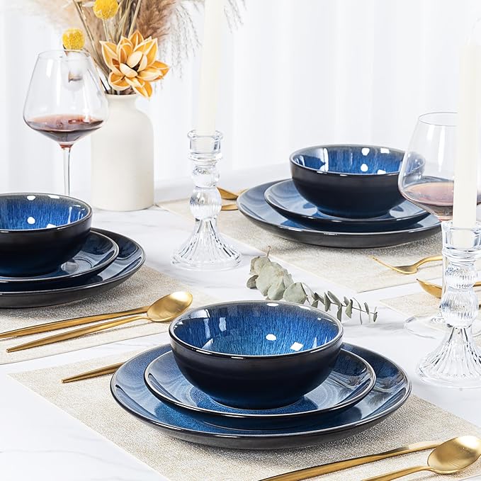 Plates and Bowls Sets for 4 - CJDC-QUELO 12-Piece Stoneware Dinnerware Sets, Ceramic Dishware Set for Kitchen Use and Formal Dining, Chip and Scratch Resistant Microwave Dishwasher Safe, Blue