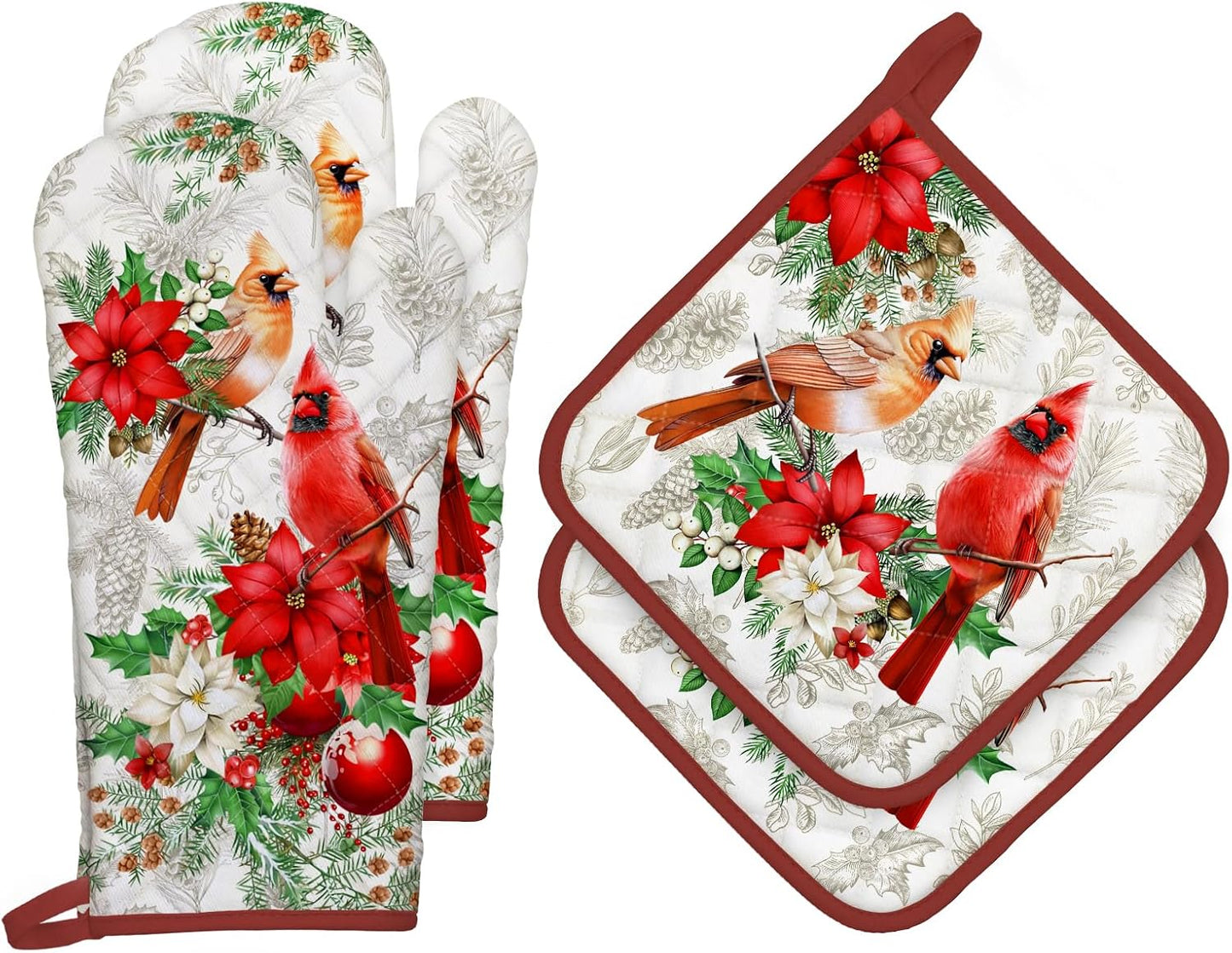 Christmas Cardinal Oven Mitts and Pot Holders Sets 4Pcs, 100% Cotton Heat Resistant, Extra Long Oven Gloves Potholder for Kitchen Cooking Baking Decoration