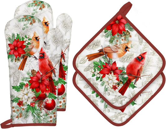 Christmas Cardinal Oven Mitts and Pot Holders Sets 4Pcs, 100% Cotton Heat Resistant, Extra Long Oven Gloves Potholder for Kitchen Cooking Baking Decoration