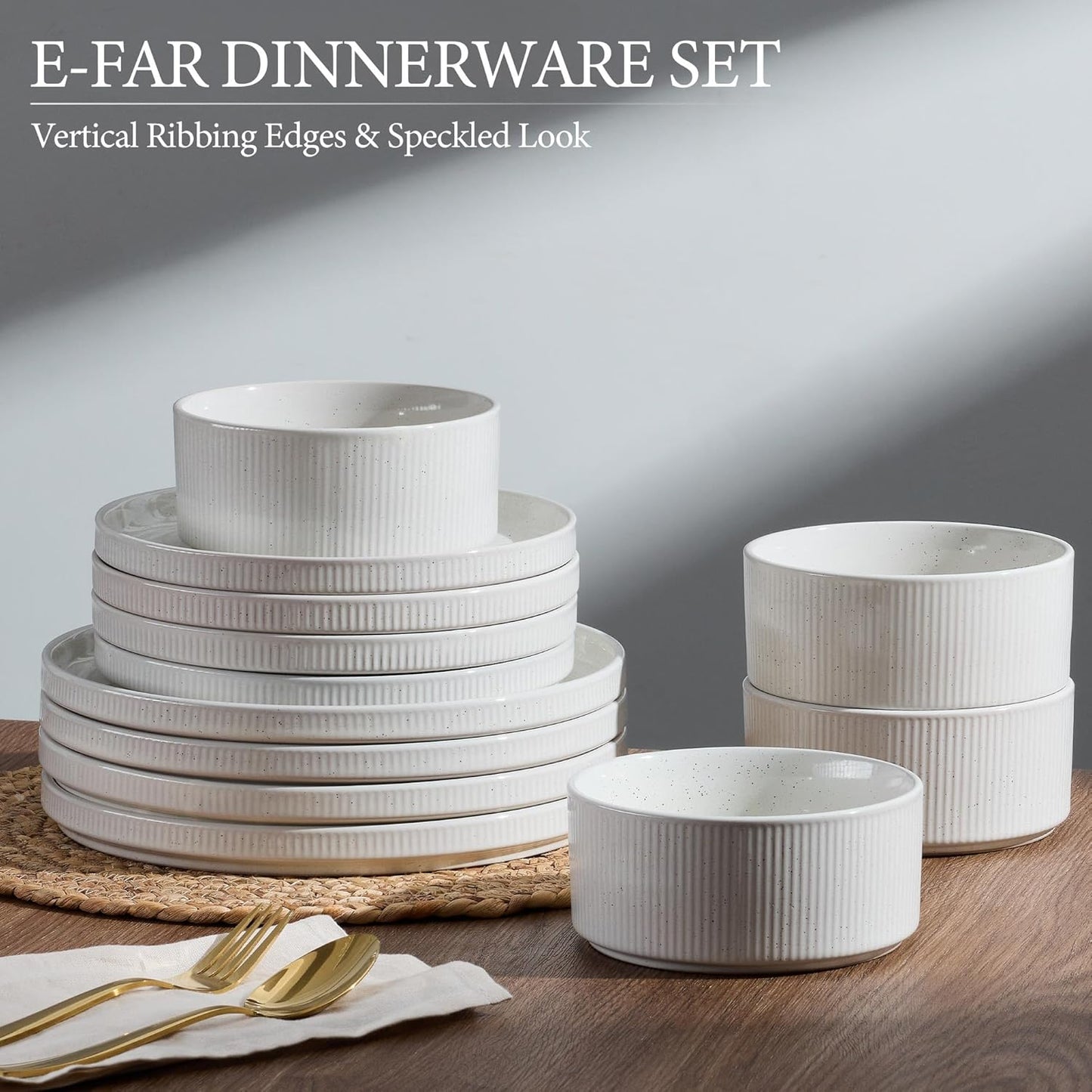 E-far 12-Piece Plates and Bowls Sets, Stoneware Dinnerware Dishes Sets for 4, Kitchen Modern Dining Dishware, Chip & Scratch Resistant, Microwave & Dishwasher Safe, Speckled White