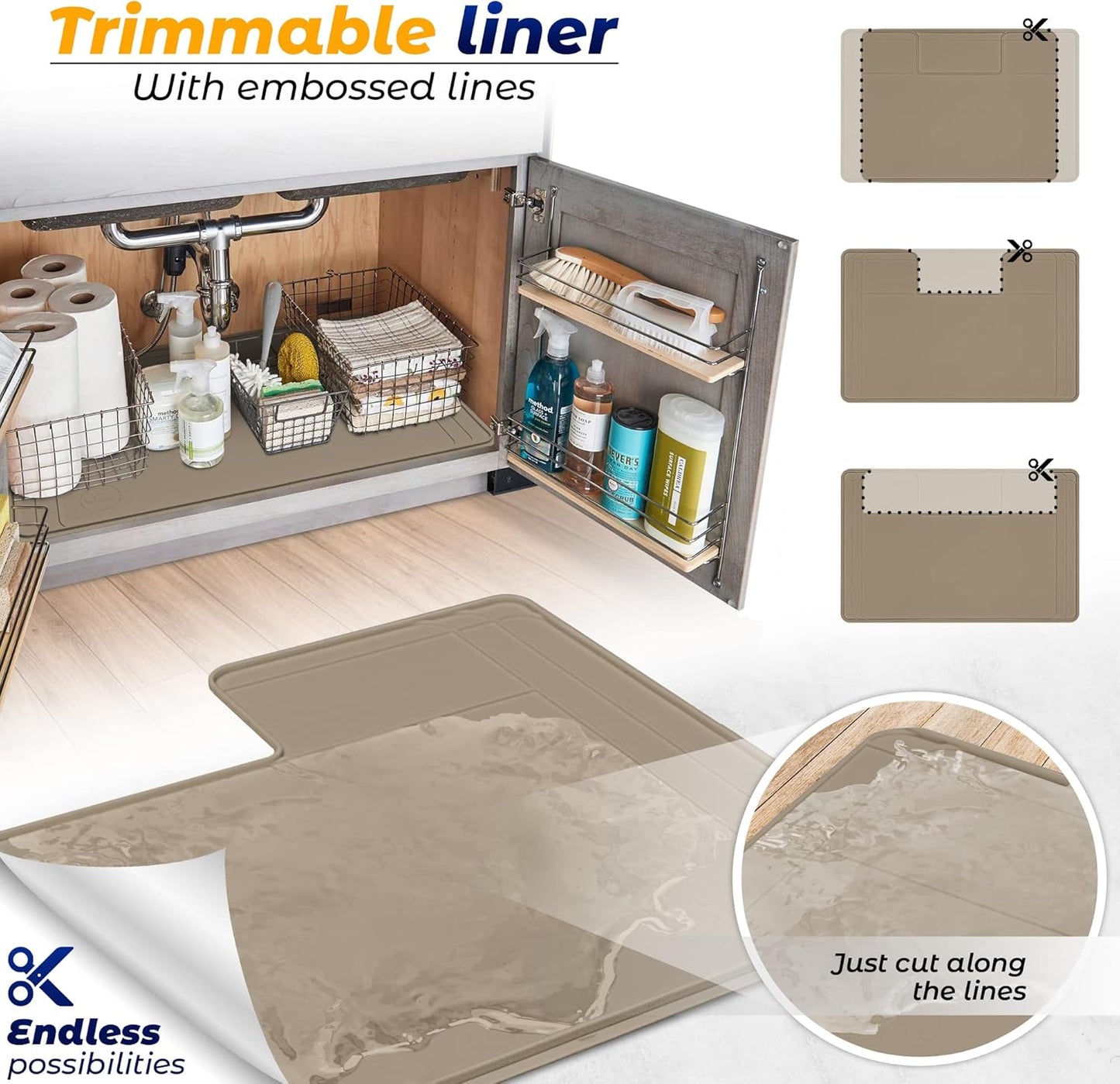 The Original Under Sink Mat - Silicone Waterproof mat, Trimmable, Easy to Clean, Kitchen cabinet liner, Under sink protector mats, Disinfection Surface - 34" x 22" or smaller
