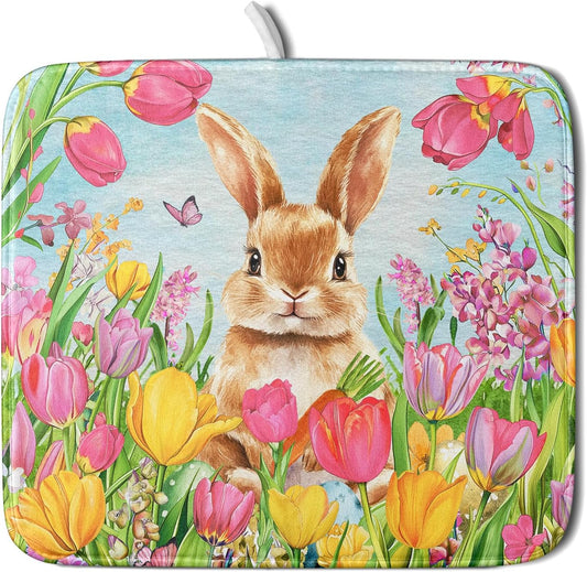 Easter Bunny Dish Drying Mats 16x18 Inch,Colorful Painting Tulip Flowers Leaves Absorbent Microfiber Dishes Drainer Rack Mat Fast Dry Drying Pad for Countertop Sink Holiday Decor