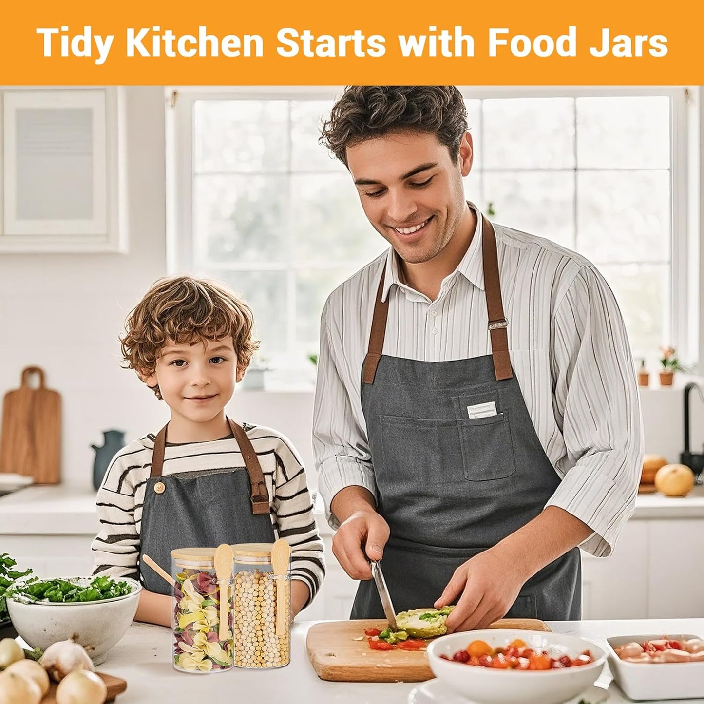 Glass Storage Jars with Airtight Lids - 2 Pack 23 Fl.oz Round Glass Jars with Bamboo Lids and Spoon, Includes Labels and Marker, Pantry Canisters for Sugar, Pasta, Cereal, Tea Container