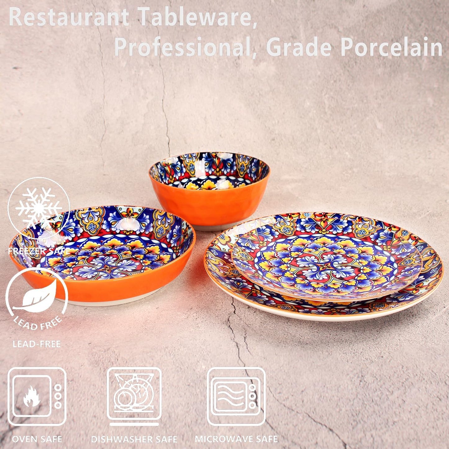 Mandala Dinnerware Sets, Plates and Bowls Set, Porcelain Dishes (16 Pieces) Service for 4, Zanzibar, Bohemian Style Dining Ware, for Kitchen and Dining Multicolor Dinnerware Set, Orange