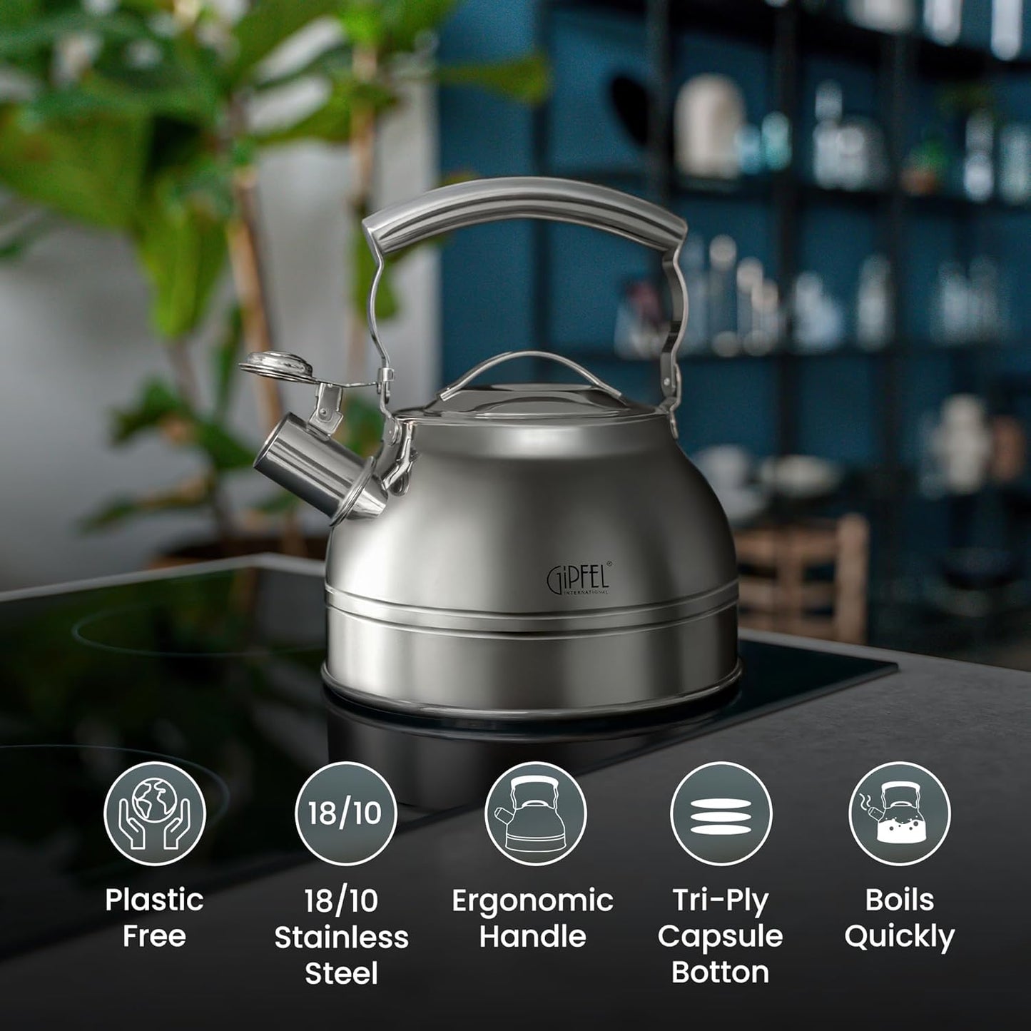 GIPFEL INTERNATIONAL Whistling Tea Kettle Stovetop - Food Grade Stainless Steel Teapot for Stove Top with Ergonomic Handle for Gas, Induction, Electric Stovetops 2.3 Quart