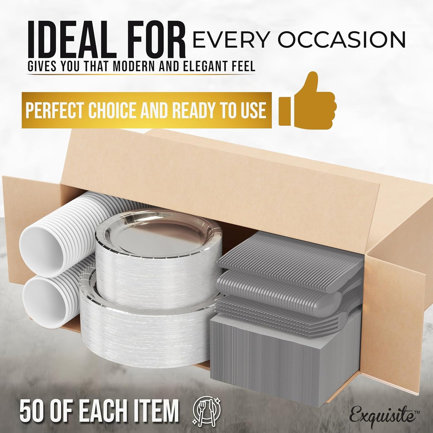 Exquisite 350 Pcs Silver Paper Plates For Party, Silver Disposable Plates Set, 50 Of Each 9" Dinner Plate Set, 7" Dessert Plate, Cups, Napkins & Cutlery Paper Dinnerware