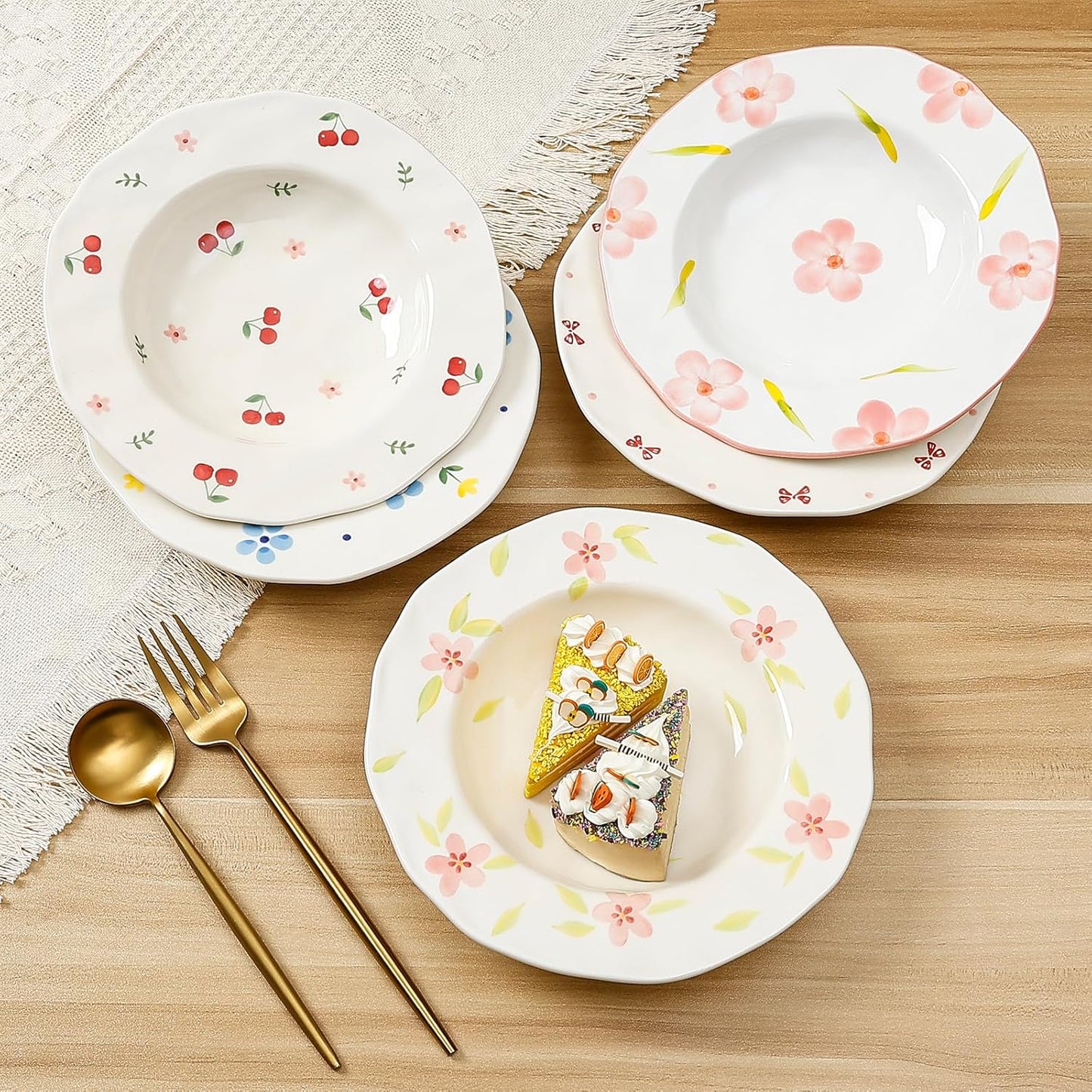 Koythin Ceramic Straw Hat Ramen Bowl Set, Pasta Bowls, Salad Serving Bowl for Noodle, Dinner, Salad, Microwave Dishwasher Safe (Pink Bow)