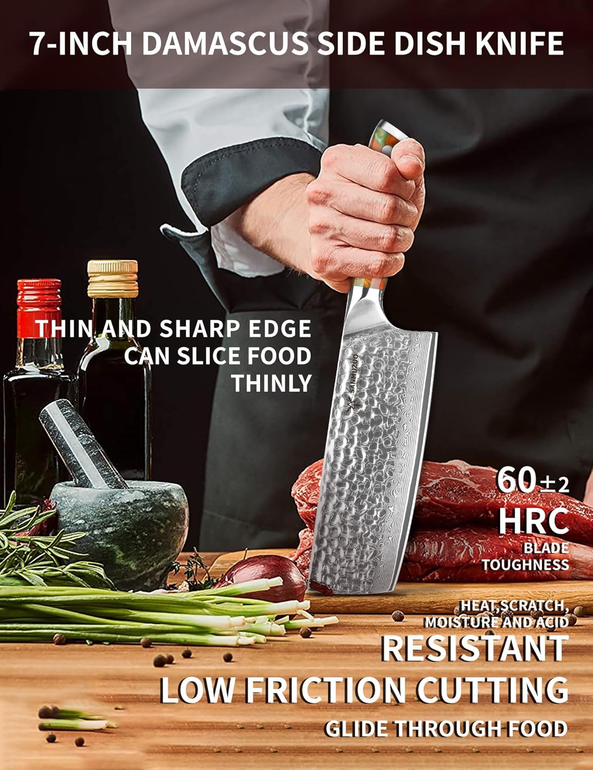 7" Nakiri Knife - Vegetable Cleaver Kitchen Knives - Japanese Usuba Knife - Hammered Damascus Steel & Resin Handle - YAO Series