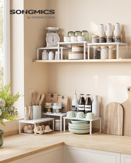 SONGMICS Cabinet Organizer Shelf, Set of 3 Kitchen Counter Shelves, Kitchen Storage, Spice Rack, Stackable, Expandable, Snow White and Matte White UKCS220W01