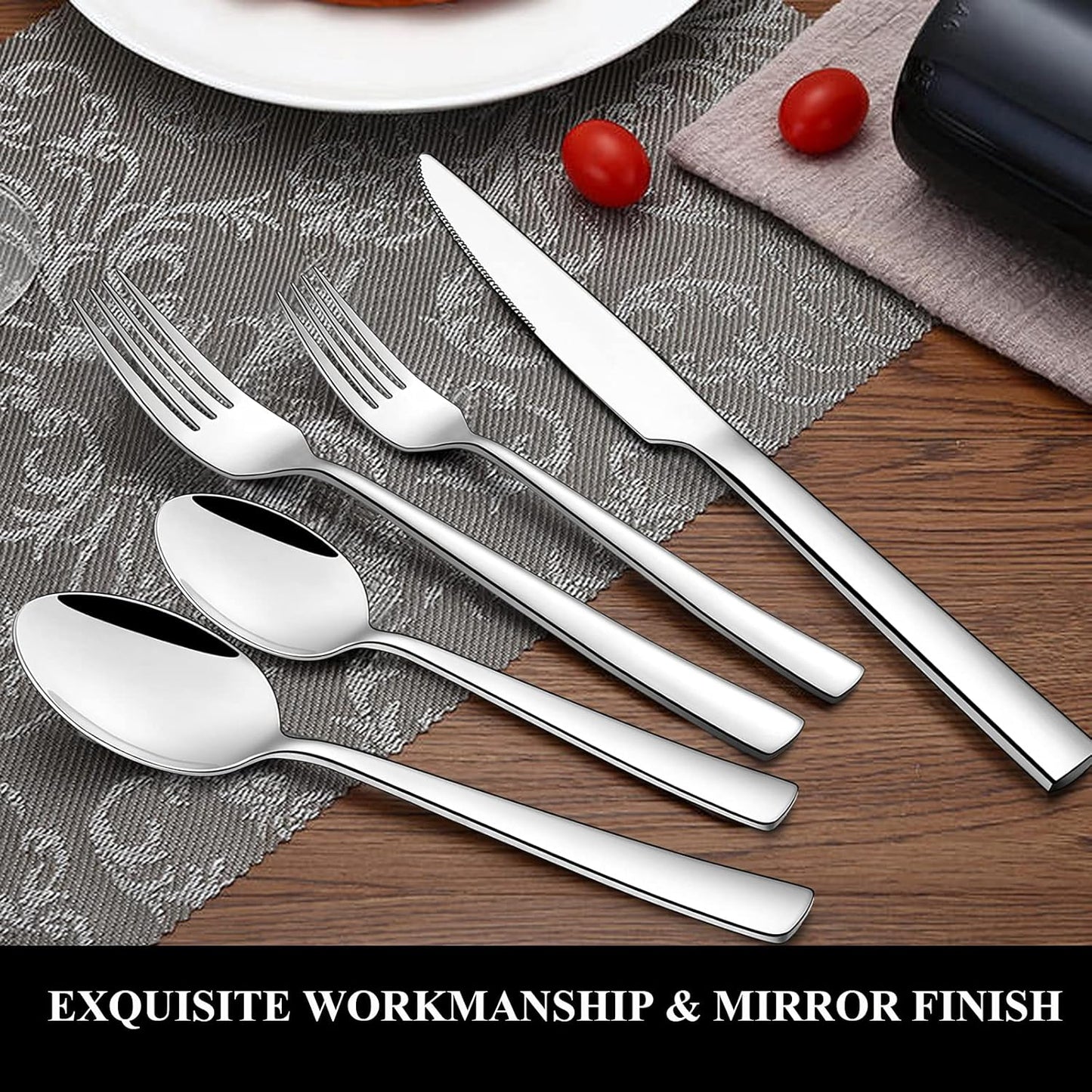 Wildone 40-Piece Silverware Set, Stainless Steel Flatware Square Cutlery Set Service for 8, Eating Utensils Include Knife Fork Spoon, Mirror Polished & Dishwasher Safe