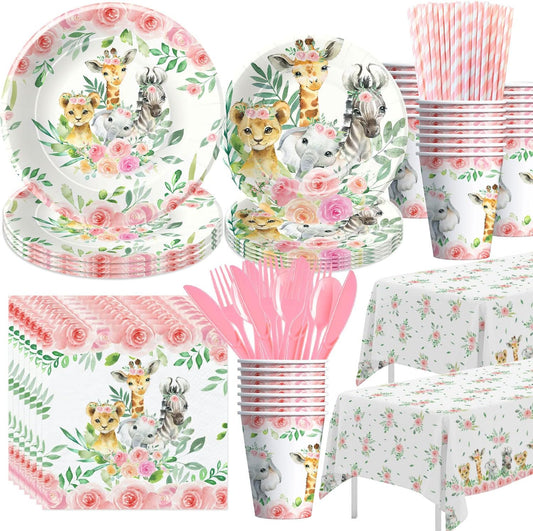 Safari Birthday Decorations Tableware Girl, Jungle Theme Party Supplies, Plate, Cup, Napkin, Tablecloth, Cutlery, Straw, Safari Jungle Animal Birthday Baby Shower Party Decorations | Serve 24