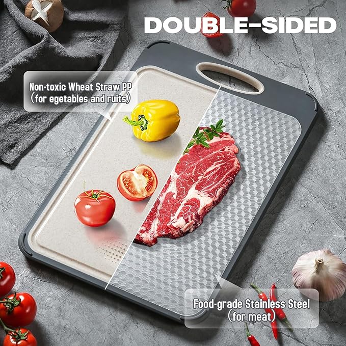 Stainless Steel Cutting Board, Double-Sided Chopping Boards Scratch Resistant Mesh Design, Stainless Steel & Wheat Straw PP Non Toxic Cutting board for Kitchen Meat Vegetables (Large, 16”x11”）