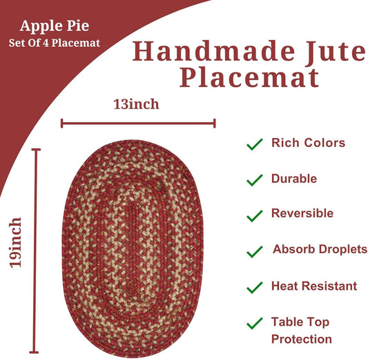 Homespice Apple Pie Jute Braided Placemats, Warm Country Decor, Set of 4, Red 13x19 Oval Table Mats - Vibrant Colors, Durable, Easy to Clean and Protects Furniture