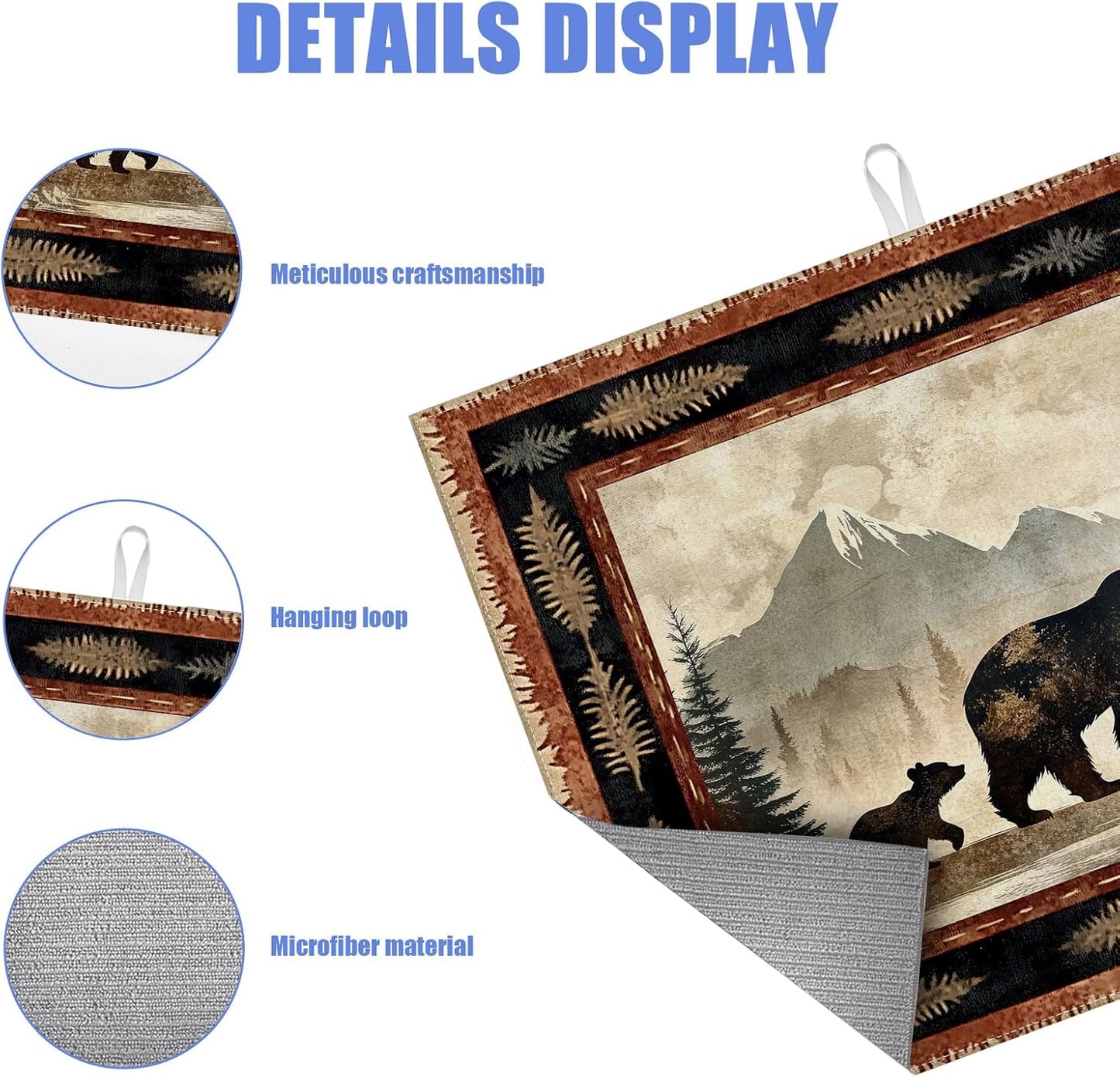 Rustic Bear Dish Drying Mat for Kitchen Counter Wild Animals Drying Pad Absorbent Reversible Dish Drainer Rack Mats Draining Pad 18"x24"Inch