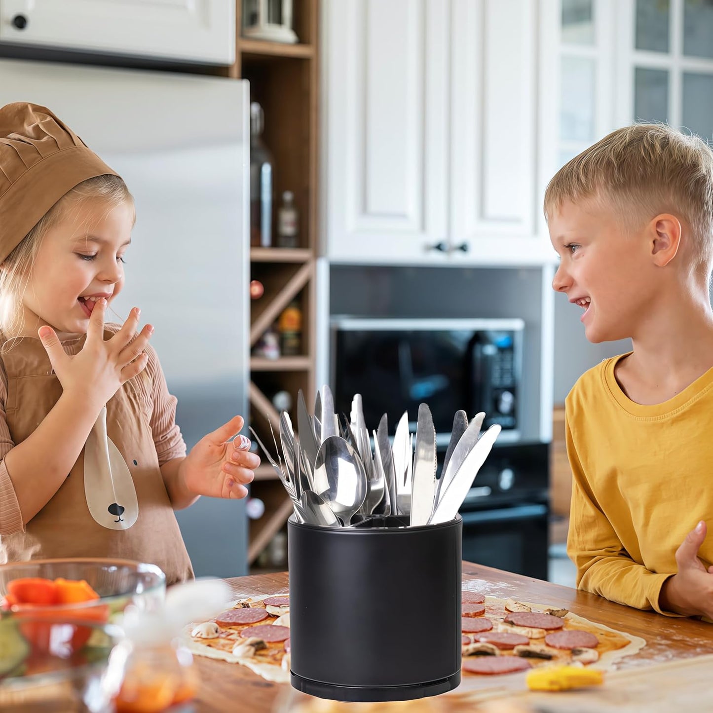 Silverware Organizer Kitchen Utensil Holder 360°Rotating For Counter Organizer Stainless Steel Storage Silverware Caddy 3 Compartment Flatware Spoon Spatula Tool Cutlery Container(Black)