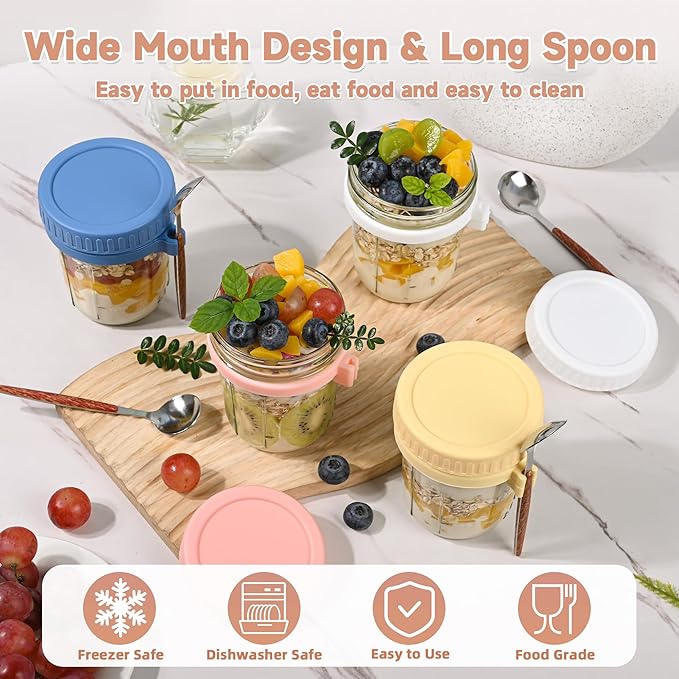 6 Pack Overnight Oats Containers with Lids and Spoons,16oz Mason Overnight Oats Jars for Yogurt,Grains,Fruits,Vegetables,Salads