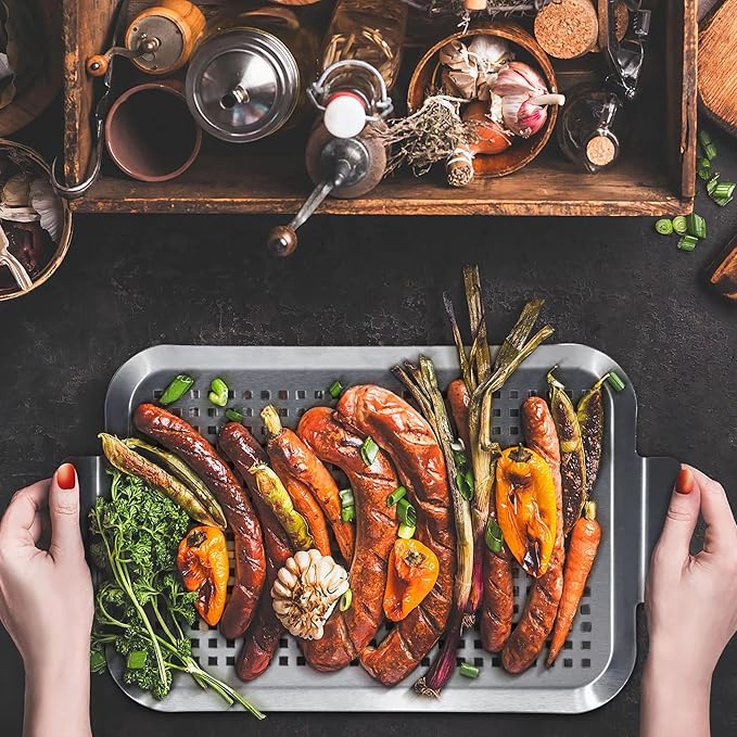 Grill Pan Set of 2, BBQ Grill Topper for Outdoor Grill, Stainless Steel Grilling Baskets with Holes and Handles, Perforated Food Tray Barbecue Accessories for Vegetable, Fish, Meat, Seafood