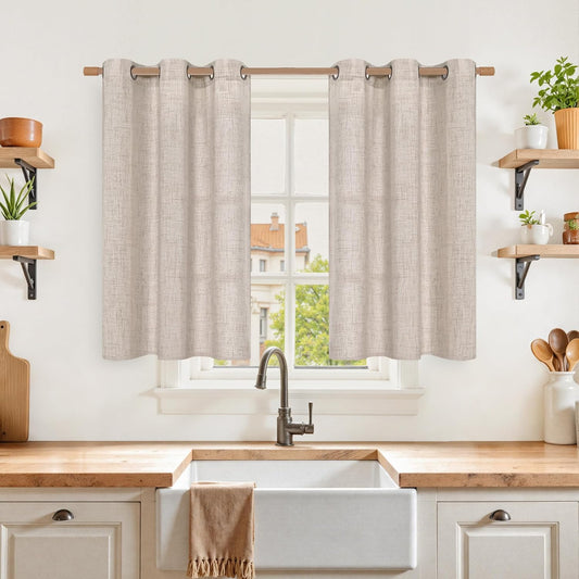 YoungsTex Short Linen Curtains 40 Inch Length for Kitchen Windows - Semi Sheer Drapes Light Filtering Textured with Bronze Grommet Rustic Natural for Bedroom Cafe Bathroom, 2 Panels, 42 X 40 Inch
