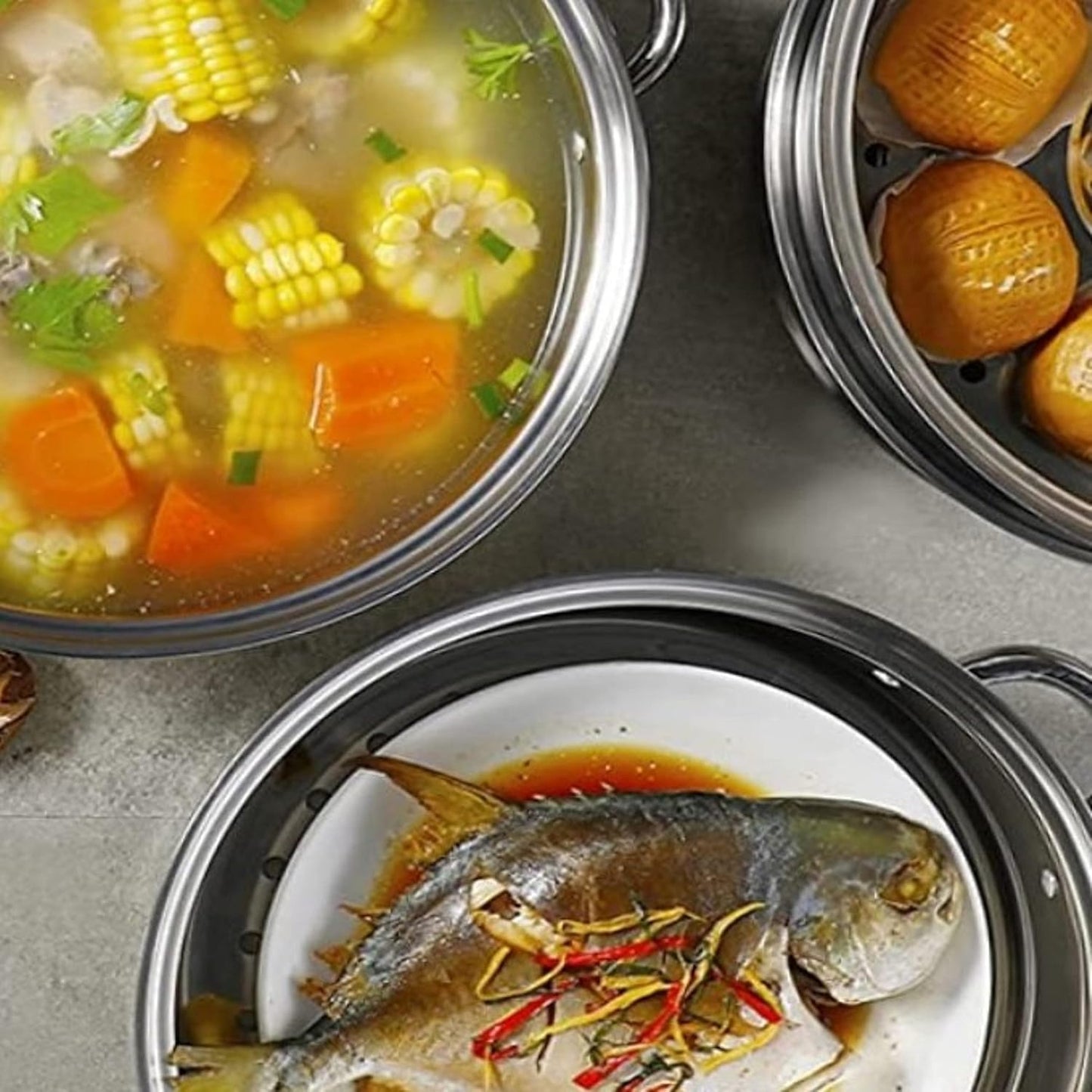 TrueCraftware- 15" x 20-1/4" Aluminum 3 Tier Steamer Set 1/8” hole size- Steamer for Cooking Pot Food Steam Pots with Lid for Cooking Vegetables Seafood Soups Stews and Pasta