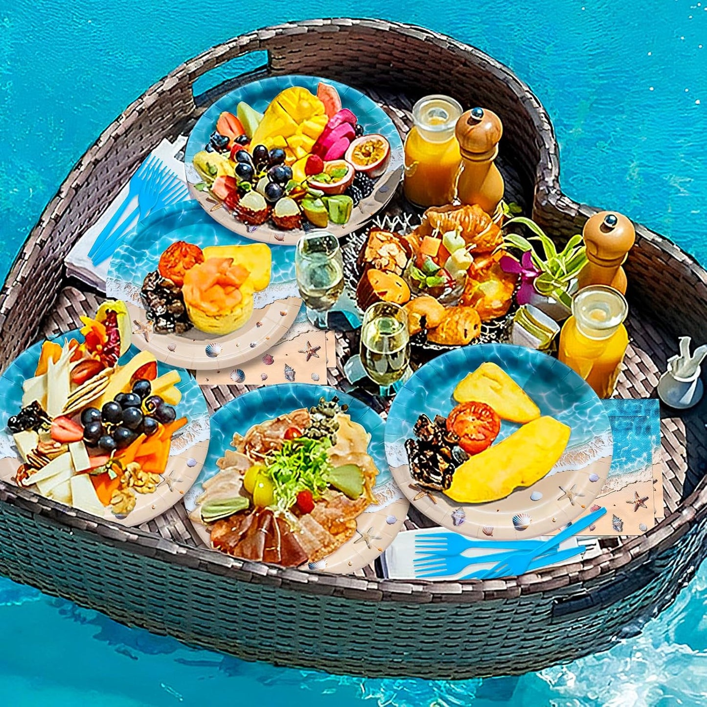 100 Pcs Summer Beach Tableware Party Supplies - Disposable Ocean Waves Hawaiian Dinnerware Set with Plates, Napkins, and Forks for Beach Theme, Luau, Tropical Pool Party Decorations - Serves 25