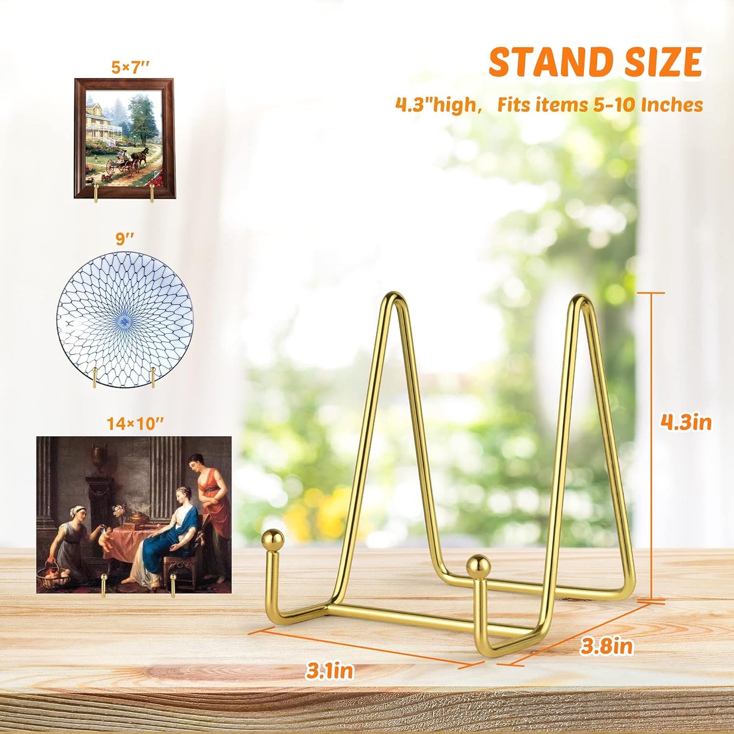 Mocoosy 2 Pack 4 Inch Gold Plate Stands for Display, Metal Square Wire Easel Stand, Plate Holder Display Stands, Picture Frame Stands for Display Photos, Decorative Platter, Book and Table Top Arts