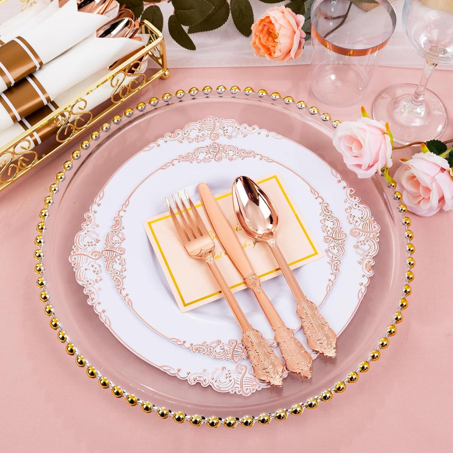 Hioasis 350pcs Rose Gold Plastic Plates - Elegant Disposable Dinnerware Set Suitable for 50 Guests Include 10.25" Dinner & 7.5" Dessert Plates, Pre Rolled Silverware Set, Cups for Party & Thanksgiving