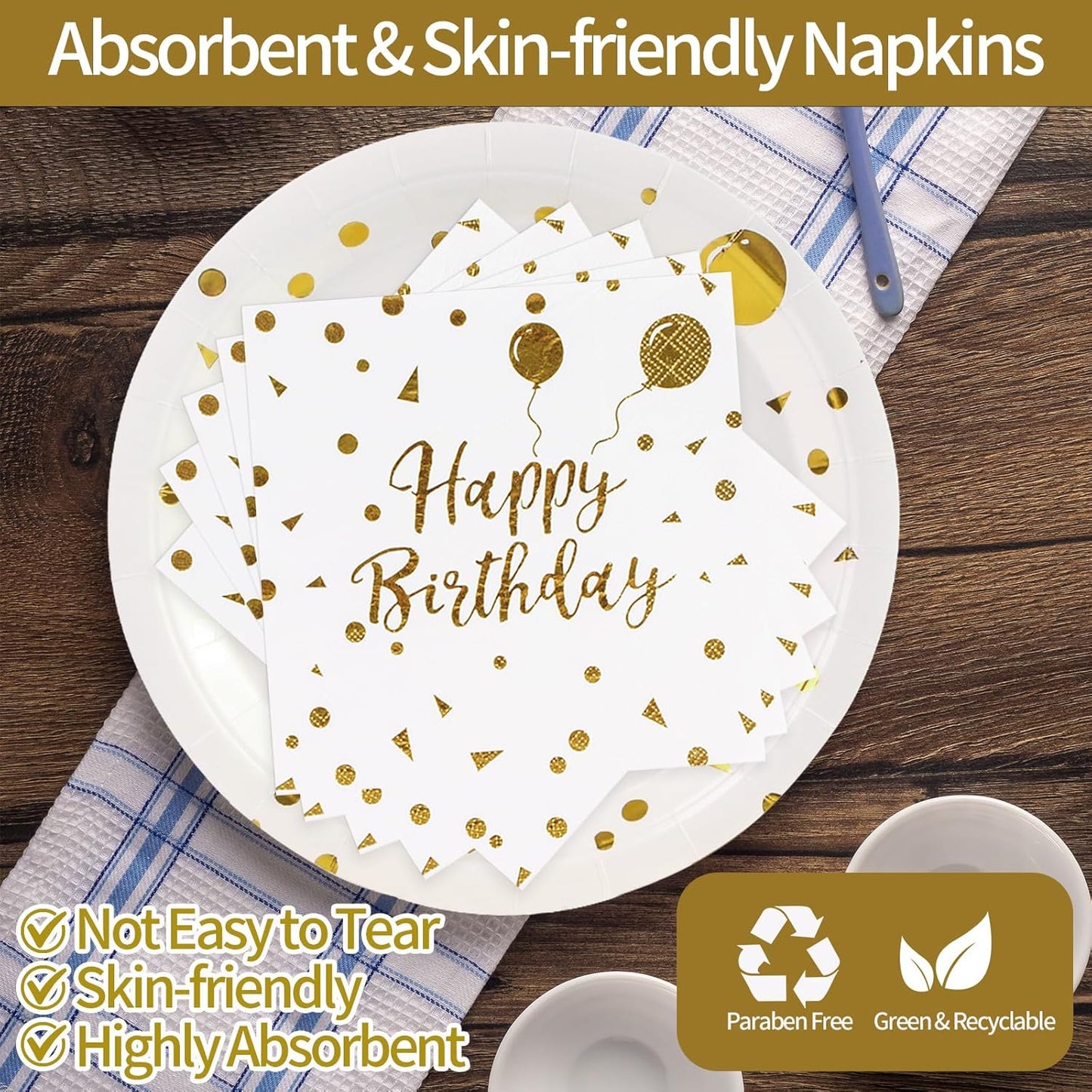 90PCS Happy Birthday Plates and Napkins Party Supplies, Disposable White Gold Dot Dessert Paper Plates Napkins with Forks Tableware Set Party Decorations for Girl Women Birthday Parties