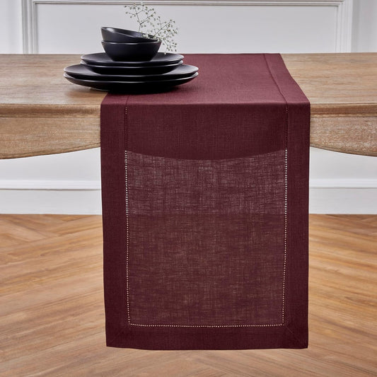 Solino Home Linen Burgundy Table Runner 132 Inches Long - 100% Pure Linen Extra Long Table Runner 14 x 132 Inch for Fall, Autumn, Thanksgiving, Christmas - Classic Hemstitch