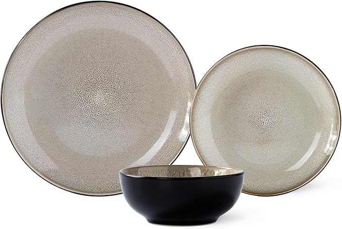 Plates and Bowls Sets for 4 - CJDC-QUELO 12-Piece Stoneware Dinnerware Sets, Ceramic Dishware Set for Kitchen Use and Formal Dining, Chip and Scratch Resistant Microwave Dishwasher Safe, Brown
