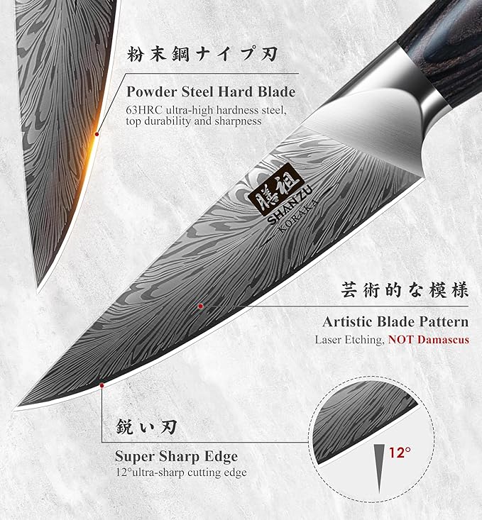SHAN ZU Kitchen Paring Knife 4.5“ - Japanese Powder Steel 63 HRC Fruit Knife for Peeling & Coring Razor Sharp 12° Edge Vegetable Chopper with Pakkawood Handle