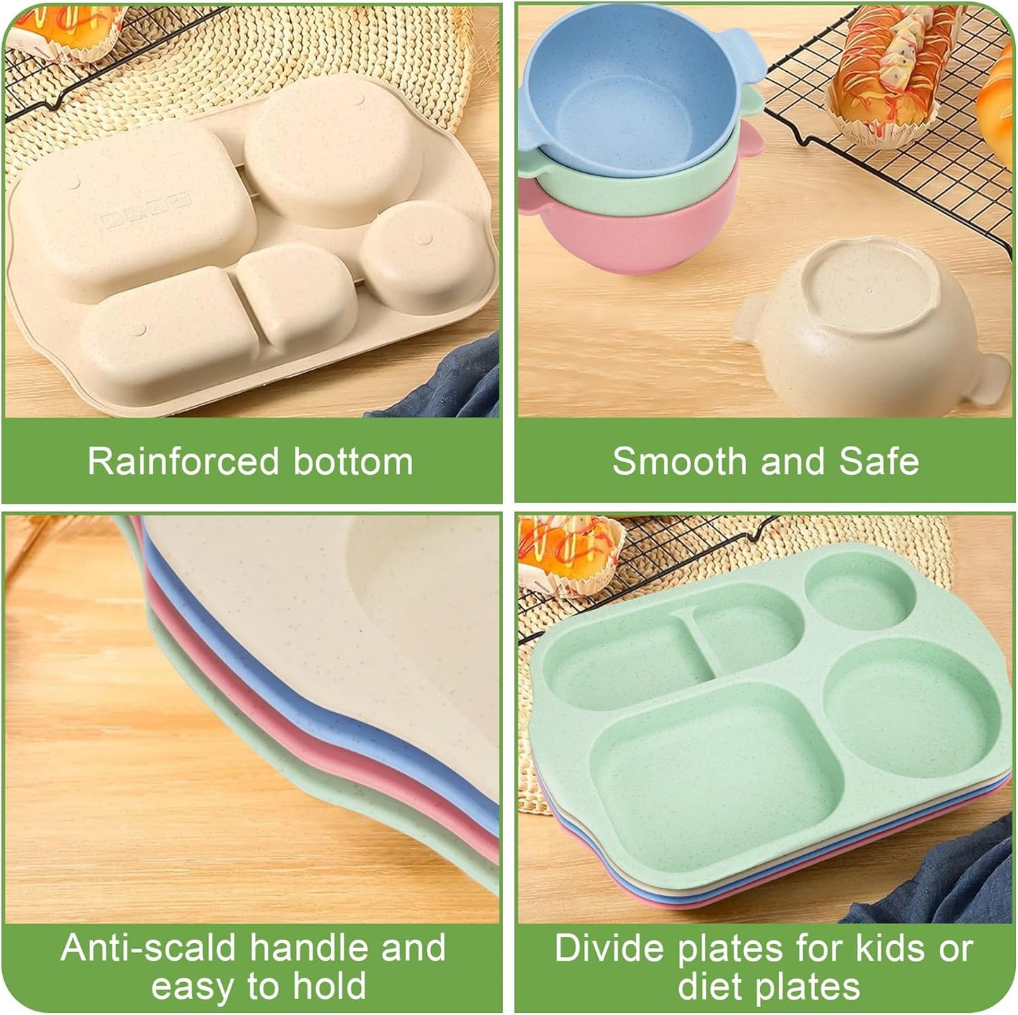 Unbreakable Dinnerware Sets for 4 People,24pcs Divided Plates and Bowls, Reusable Dinnerware Plastic Plates, Cups, Bowls, Cutlery Set for School Party, Camping, Home, Office