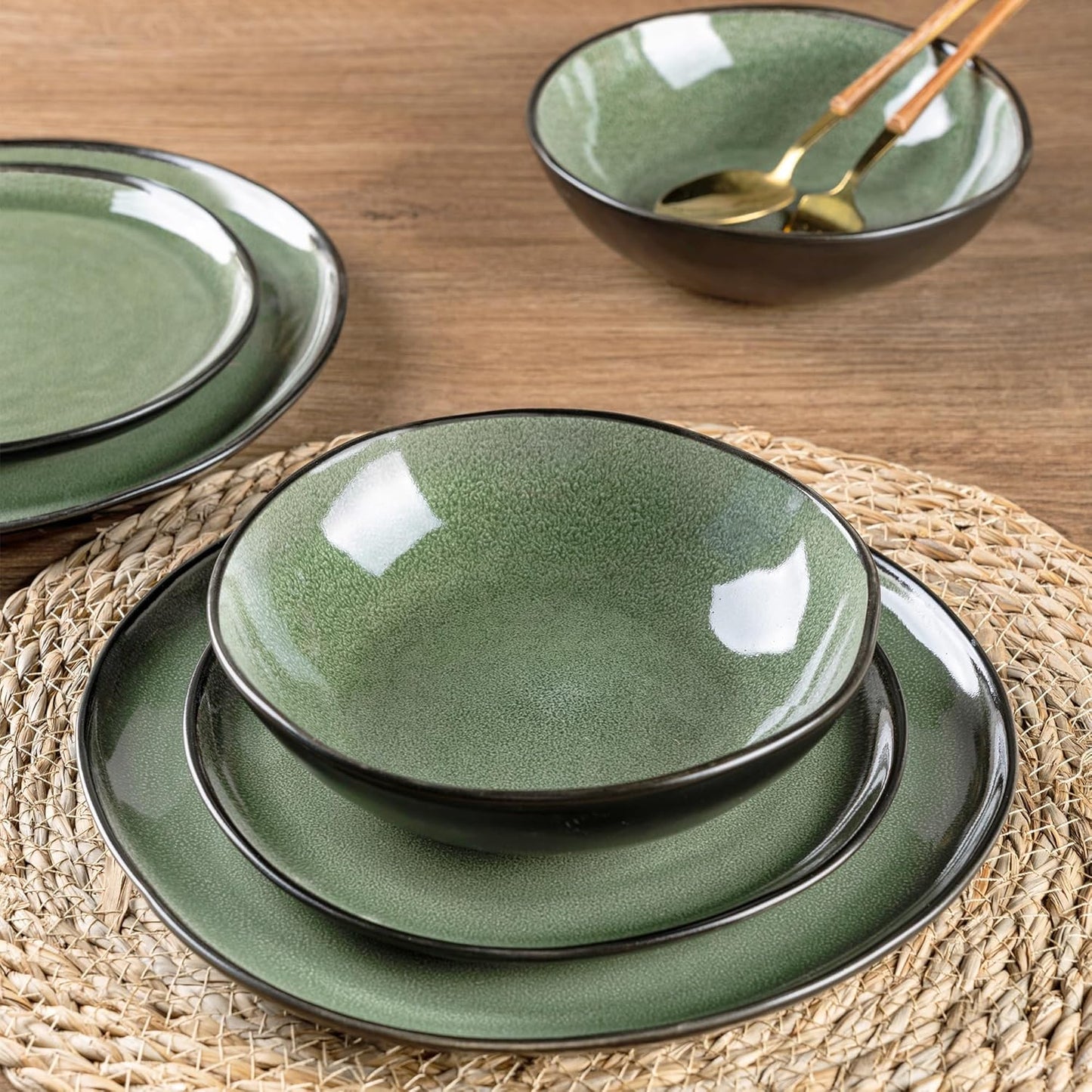 AmorArc Ceramic Dinnerware Sets,Handmade Reactive Glaze Stoneware Plates and Bowls Set,Highly Chip and Crack Resistant | Dishwasher & Microwave Safe Dishes Set,Service for 4 (12pc)