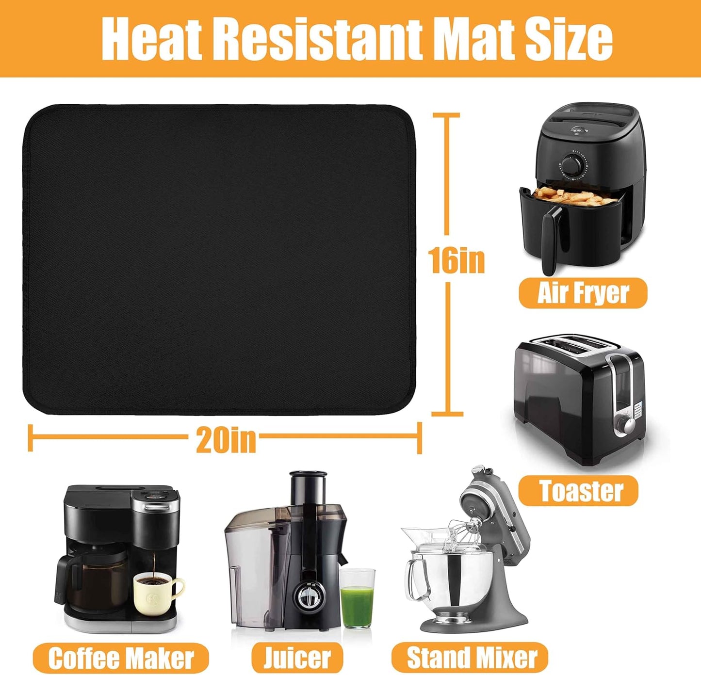 Heat Resistant Mat for Air Fryer, 16 x 20in Heat Resistant Mat for Countertop, Fireproof Silicone Countertop Protector Appliance Slider Mat for Air Fryer, Coffee Maker, Toaster, Oven (Black)