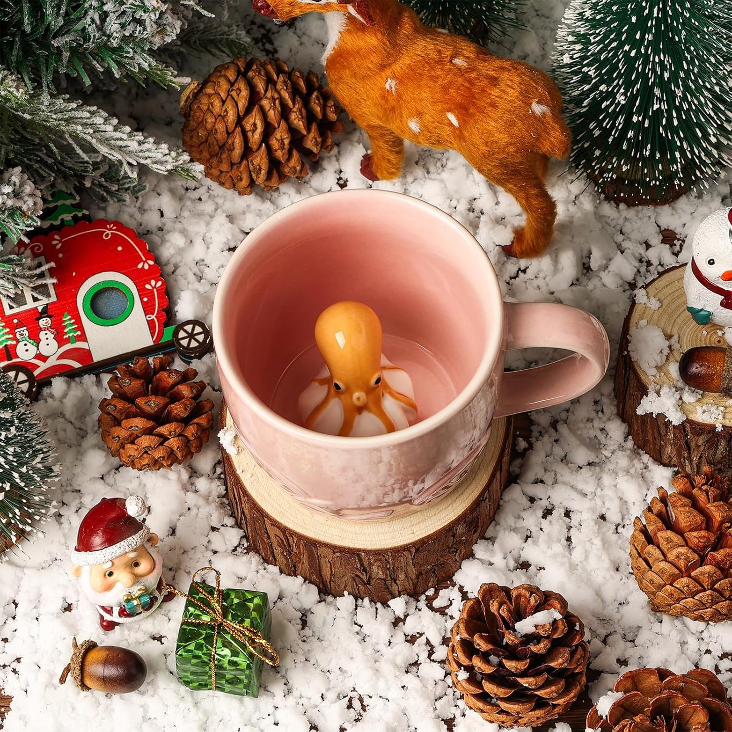 Octopus Ceramic Cup Hidden 3D Animal Inside Mug,Cute Cartoon Handmade Figurine Mug,Christmas Birthday Surprise for Friends Family or Kids (Pink Octopus)