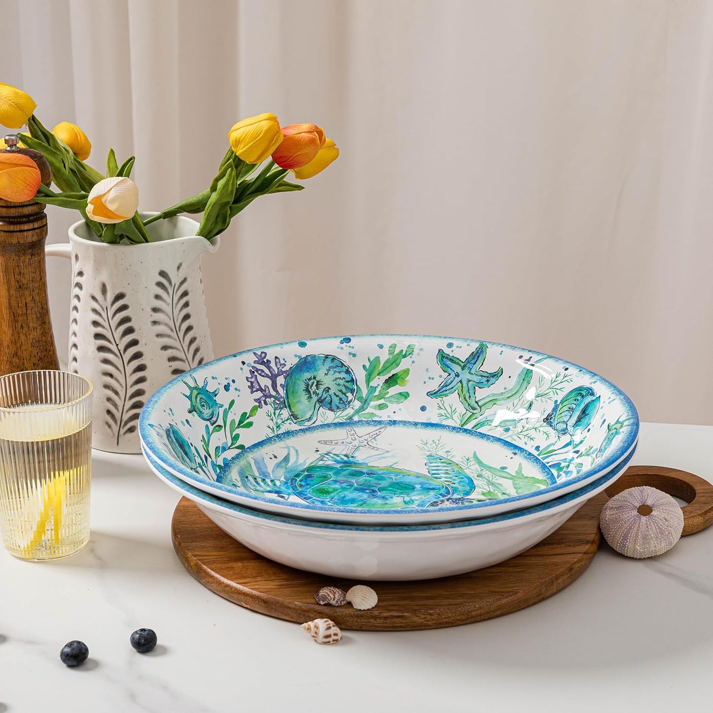 LEHAHA Extra larger Melamine serving bowl set, Coastal 13.75 Inch 130 Oz Large Fruit Bowl, Pasta Bowl, Set of 2, Serving Dishes for Entertaining, Vibrant Color Large Bowl for Party…