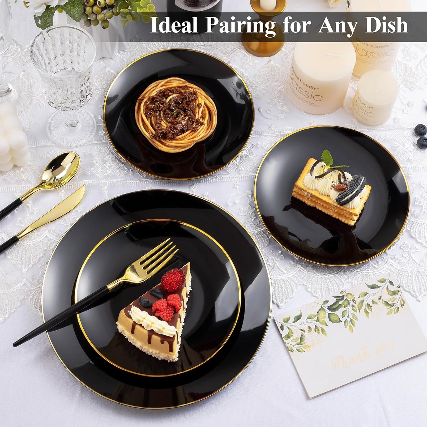 100PCS Black Plastic Plates with Gold Rim, Black Gold Disposable Plates for Party, Graduation and Wedding, Include 50 Dinner Plates, 50 Dessert Plates for 50 Guests