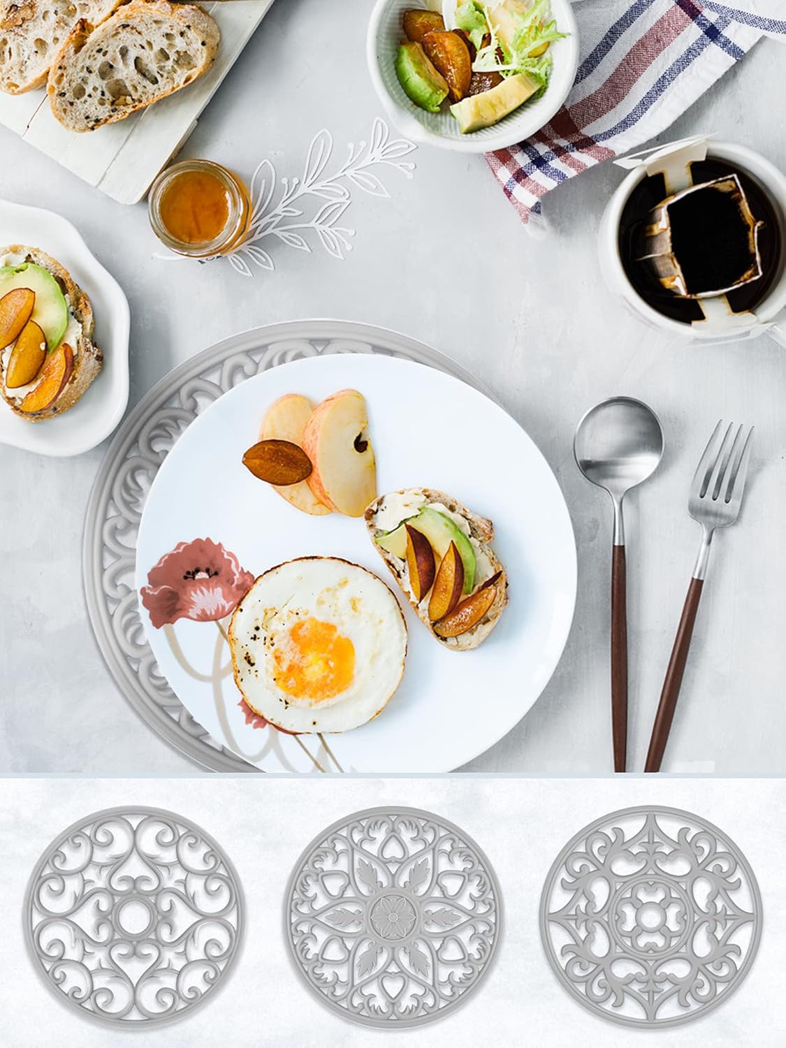 SMARTAKE 6 Set Silicone Trivets, Multi-Use Carved Trivet, Insulated Non-Slip Durable Kitchen Mat, Flexible Modern Kitchen Table Mat, for Hot Dishes, Pots, Dining Countertop, Grey