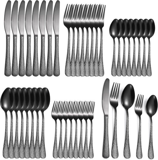 Black Hammered Silverware Set 8 Stainless Steel Flatware Vintage 40 piece include Knife Fork Spoon Proper Weight for Parties Restaurant Utensils and Kitchen Daily Use